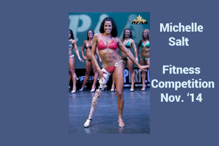 Michelle Salt wearing her Alleles prosthetic design cover at the NPAA Fitness Competition 2014